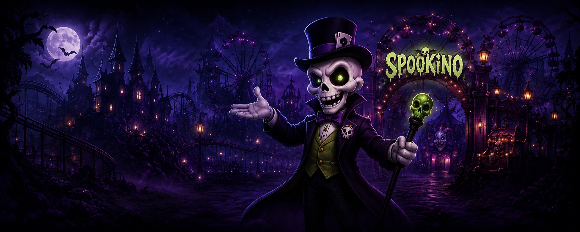 Parc d'attractions hanté Spookino sous la pleine lune avec sa mascotte squelette